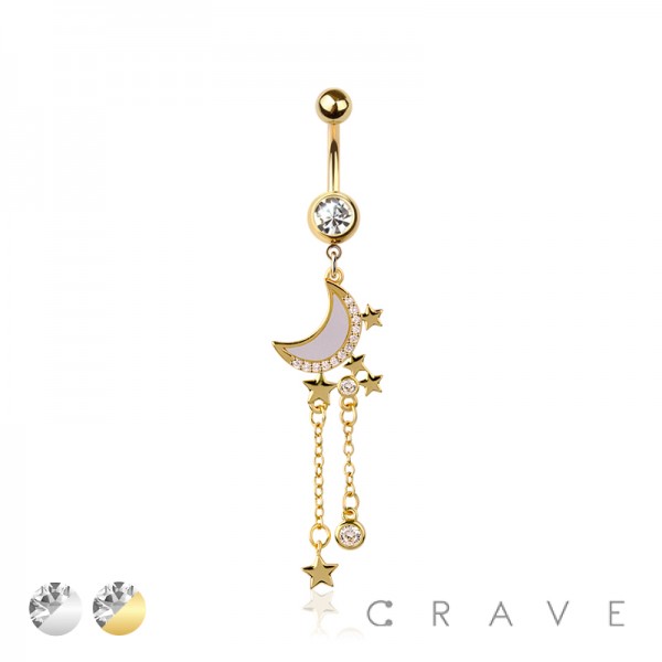 316L SURGICAL STEEL OPAL MOON MULTI CZ CHAIN STAR DANGLE BELLY BUTTON NAVEL RING 